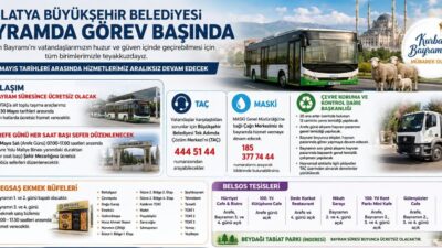 Malatya Büyükşehir Belediyesi Bayramda Teyakkuzda: Ulaşım Ücretsiz Olacak Malatya Büyükşehir Belediyesi, Kurban Bayramı süresince vatandaşların huzur ve güven