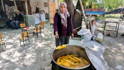 Darende ilçesinde kurduğu tezgahta haşlanmış mısır ve közde çay satarak