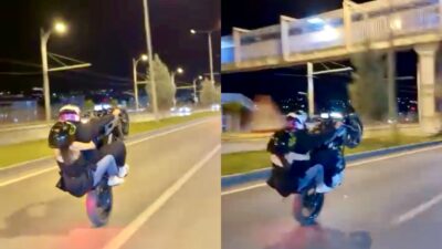 Malatya’da çevreyolunda plakasız motosikletle tek teker üzerinde ilerleyen sürücü, hem