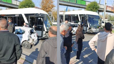 Malatya’da çevreyolu üzerinde trambüs ile otomobilin çarpışması sonucu meydana gelen